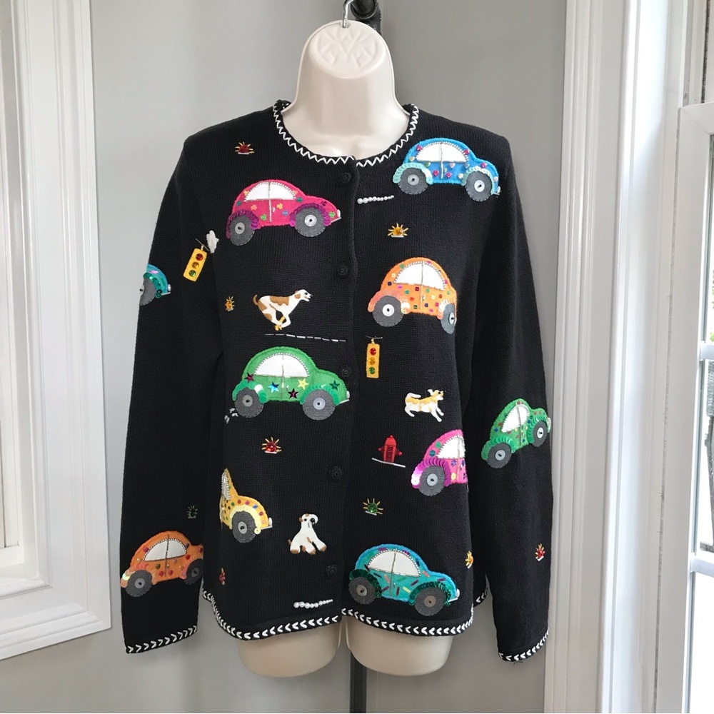 Vintage Michael Simon Volkswagon Beetle Dogs Cardigan Sweater Women’s Small NWT